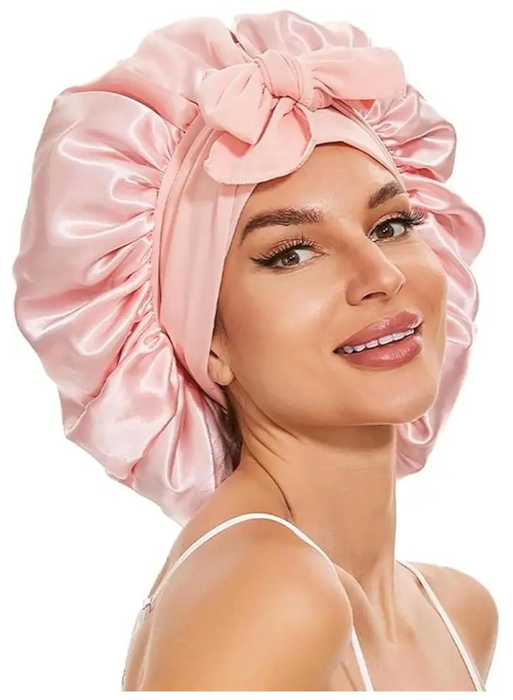 Premium Silk Satin Hair Bonnet with Adjustable Ribbon Tie  Soft Night Sleep Cap for Hair Protection, Frizz Control, and Retaining Moisture Pink bonnet - Image 1